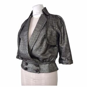 BYRON LARS Structured Metallic Gray Moto Jacket Size 4 High Collar 3/4 Sleeves